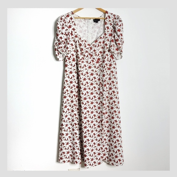 Danielle Bernstein Midi Length Dress Short Puff Sleeve Red White Flower Print - Picture 2 of 16
